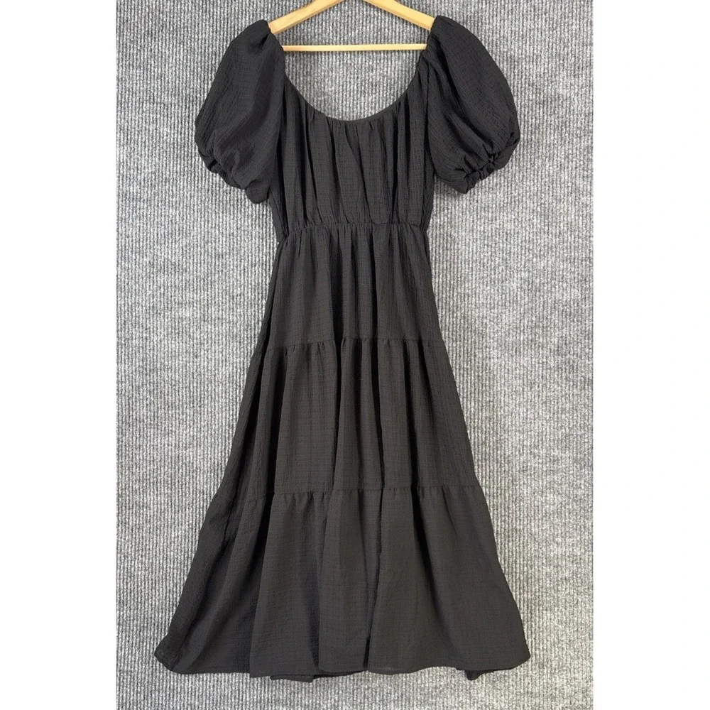 ASTR The Label Black Tiered Puff Sleeve Midi Dress Boho Goth Romantic Prairie S - Picture 3 of 9